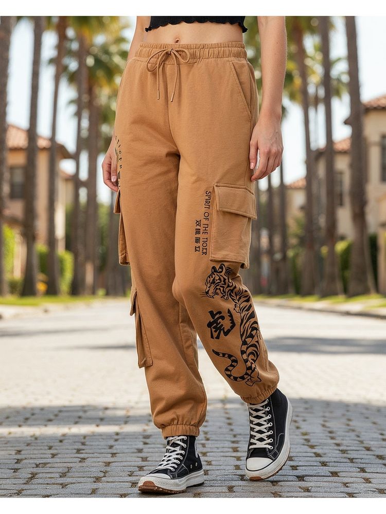 Bewakoof Heavy Duty Women Brown Graphic Printed Super Loose Fit Brushed Cargo Joggers-picture-15