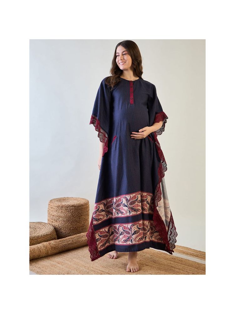 The Kaftan Company Navy Blue and Red Paisley Print Maternity Kaftan with Feeding Zip-picture-22