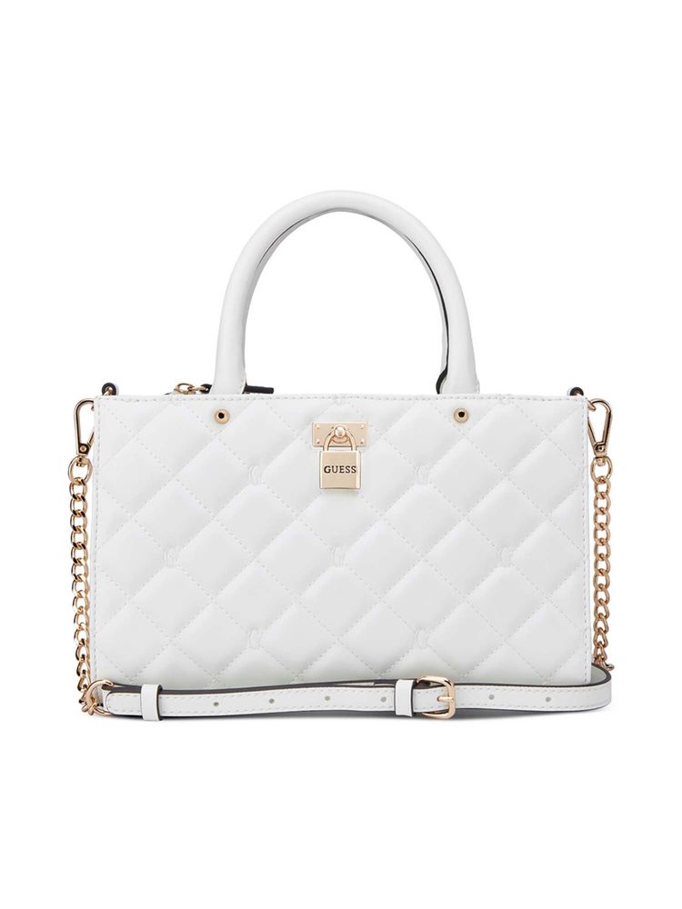 guess fashion Guess Women White Quilted Ramona Satchel Bag with Detachable Strap-picture-38
