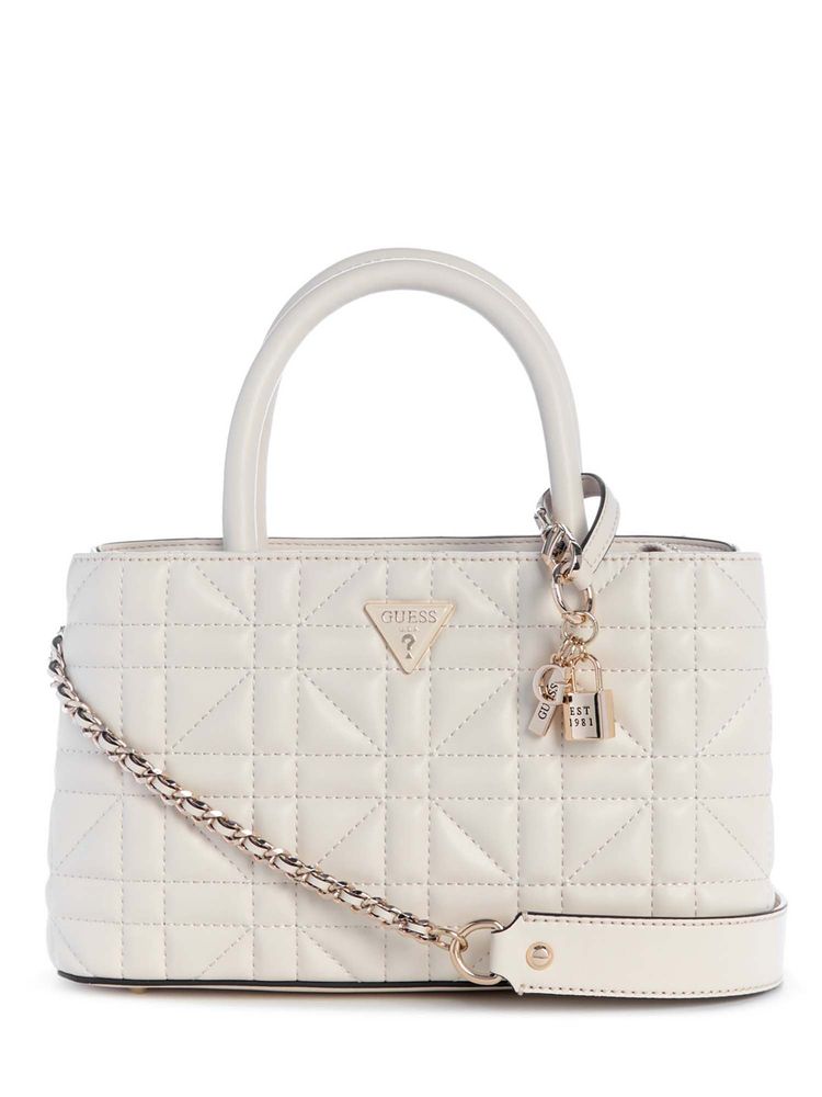guess fashion Guess Women Off White Quilted Edita Satchel Bag with Detachable Strap-picture-33