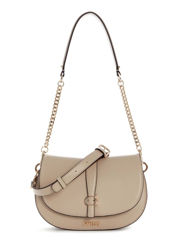 guess fashion Guess Women Beige Solid Carrie Flap Shoulder Bag with Detachable Strap-picture-27