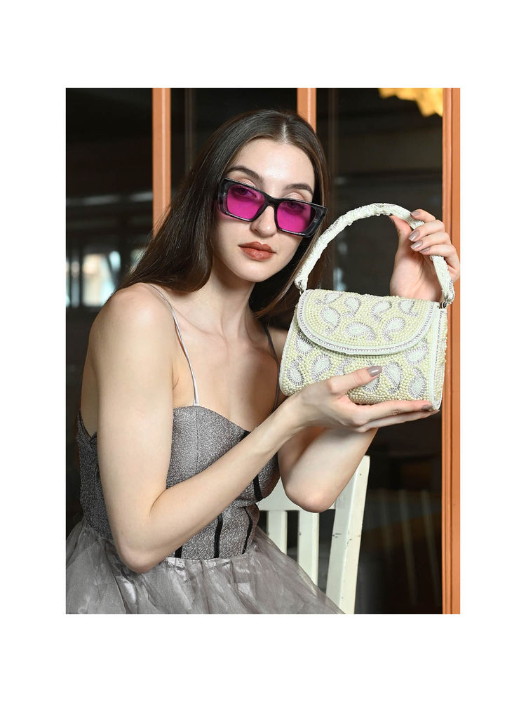 Odette Statement Ornate White Pearl Embellished Clutch for Women