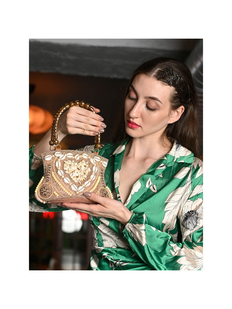 Odette Peach Shell Embellished Bridal Handbag for Women-image-1