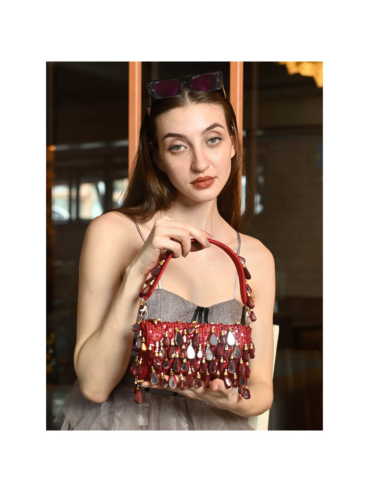 Odette Red Clutch Embellished with Mirror for Women-image-0