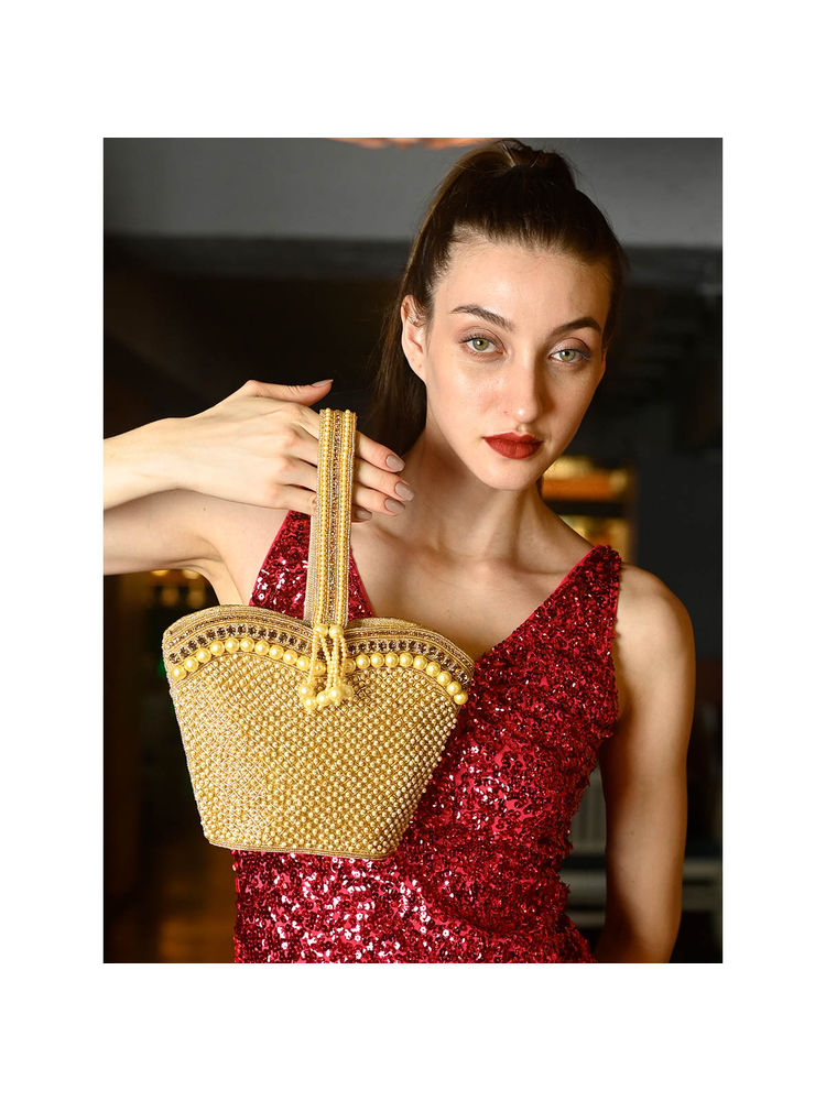 Odette Golden Pearls Embroidered Structured Clutch for Women-picture-1