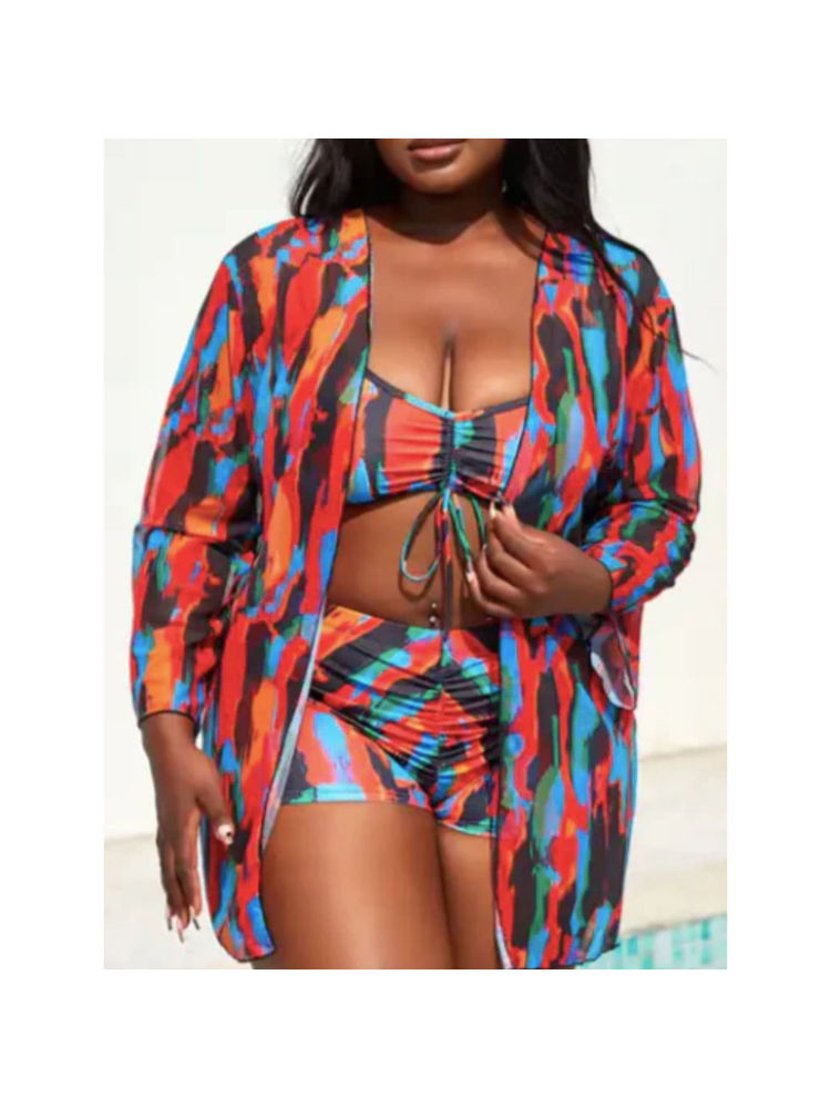 WomanLikeU Multi-Colored Plus Size Bikini Top and Bikini Bottom with Shrug (Set of 3)-image-4