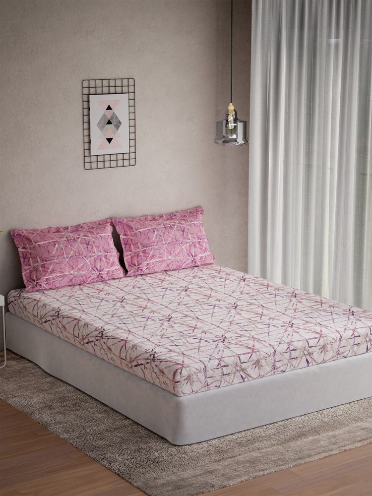 Ddecor Live Beautiful Cotton Geometric Sigma 144TC Queen Bedsheet With Pillow Covers - Pink-image-3