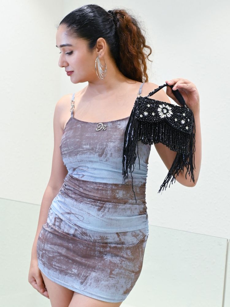 Odette Black Suede Embellished Clutch For Women-image-11