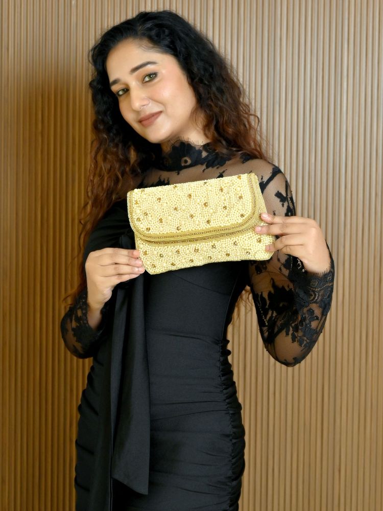 Odette Golden Jute Embellished Clutch with Detachable Chain For Women-picture-18