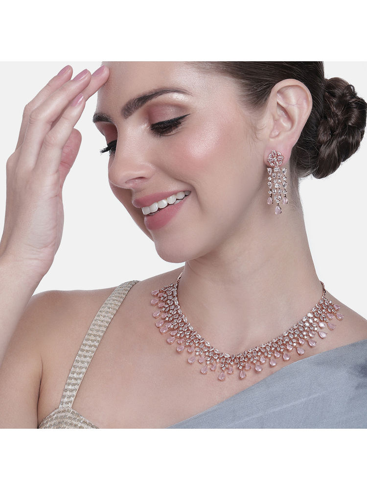 Estele Rose Gold Plated Cz Sparkling Necklace Set with Mint Pink Stones for Women (Set of 2)-picture-11