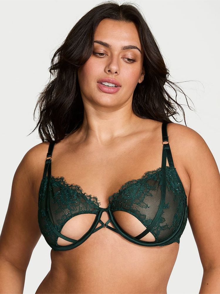 victoria's secret intimates Victoria's Secret Very Sexy Green Rose Lace Shimmer Unlined Peekaboo Balconette Bra (34C)-picture-11