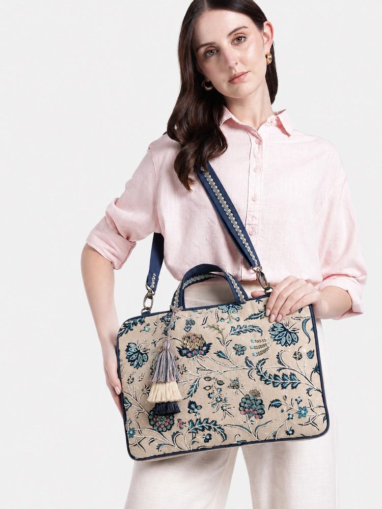 Anekaant Petal Posh Ivory And Navy Floral Jacquard Laptop Bag-image-11