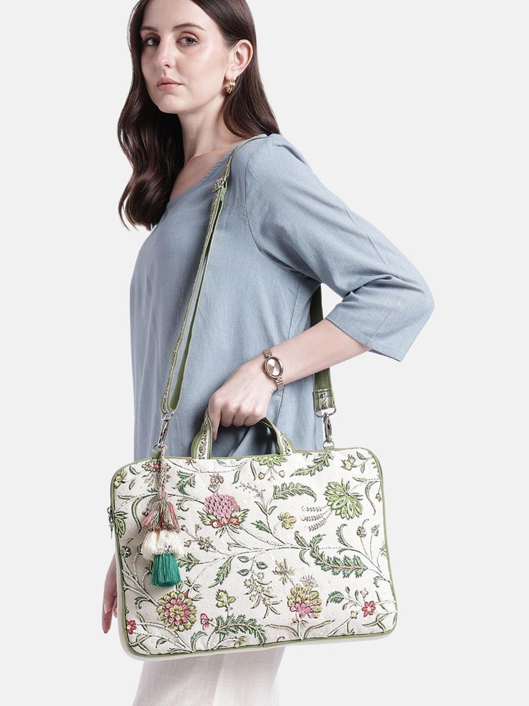 Anekaant Petal Posh Ivory And Olive Floral Jacquard Laptop Bag-image-6