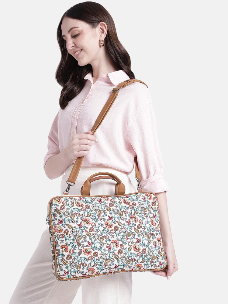 Anekaant Petal Posh Off White Floral Printed Polycotton Laptop Bag-image-37