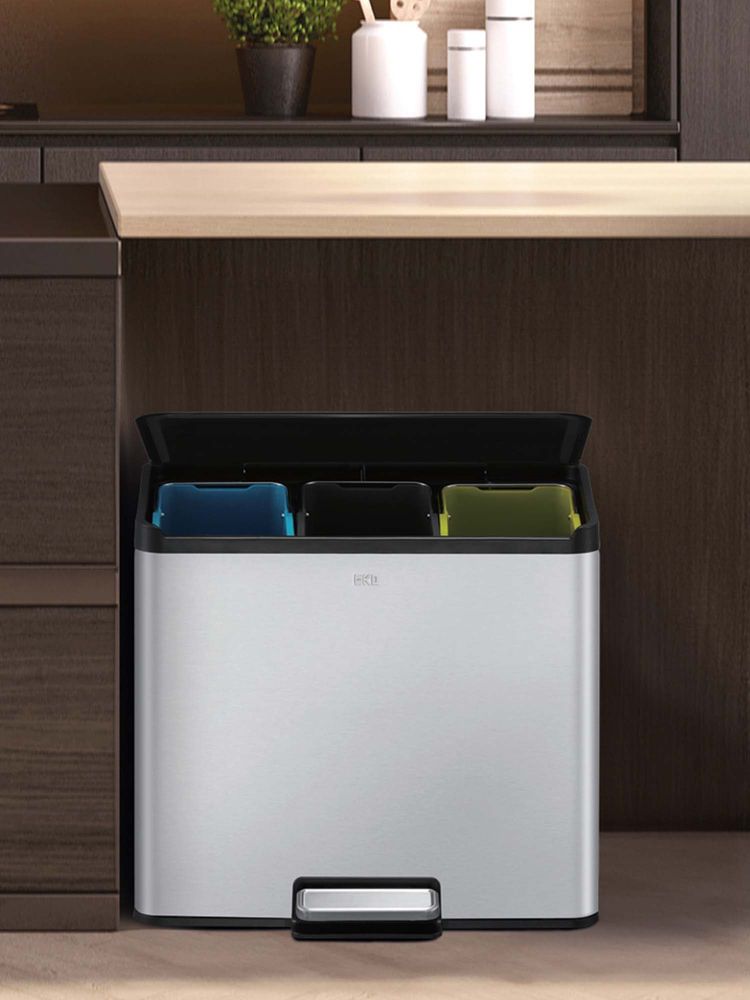 OBSESSIONS Eko Stainless Steel 9+9+9 Litre Rectangular Triple Liner Step Bin, Metallic-picture-11