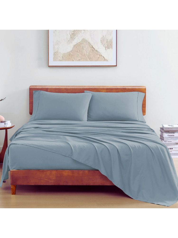 LANE LINEN Blue 144Tc Cotton Fitted Bedsheet with 2 Pillow Covers-picture-17