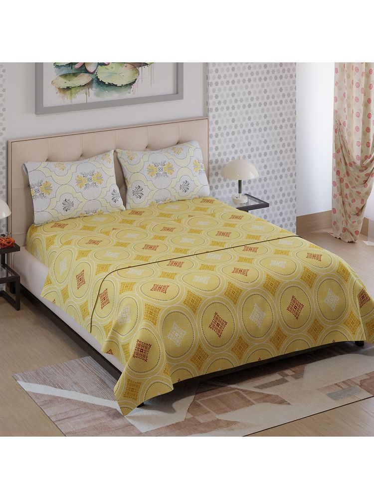 Layers Ivy Collection 125 GSM Yellow Ochre Double Flat Bedsheet Set (Queen)-image-4
