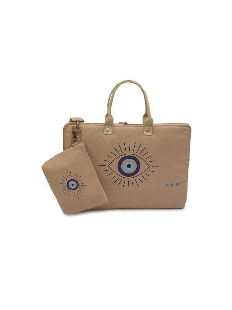 The House of Tara Beige Printed Canvas 15.6 Inches Unisex Laptop Slim Messenger Bag with Zip Pouch-image-36