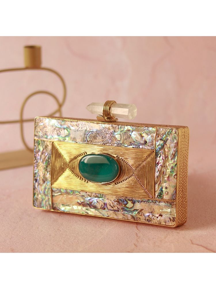 THE TAN CLAN Sahiba Golden Embellished Brass Clutch-image-32