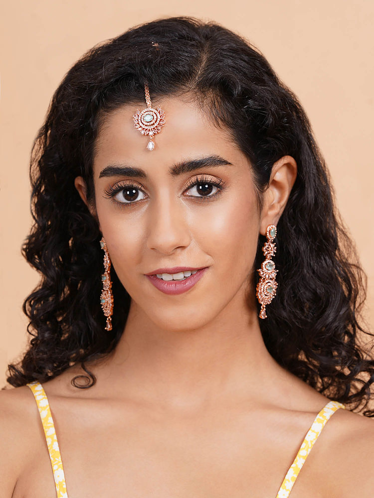 STILEADDA Green Cz Stone Rose Gold Plated Maangtika with Pair Of Earrings-picture-32