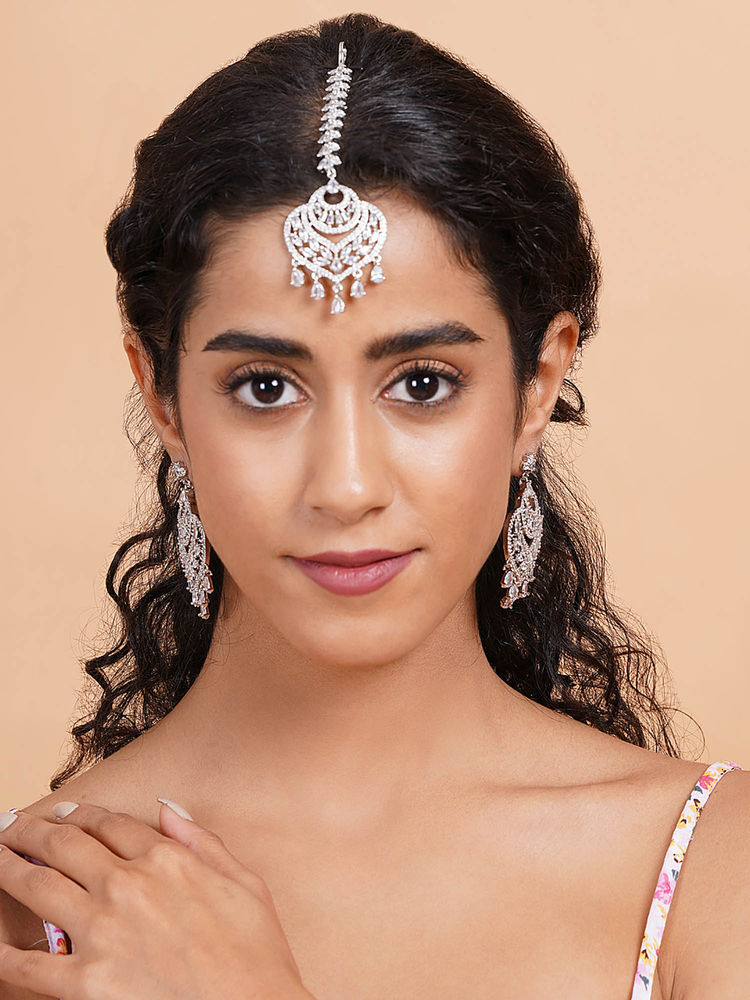 STILEADDA White Cz Stone Silver Plated Maangtika with Pair Of Earrings-picture-37