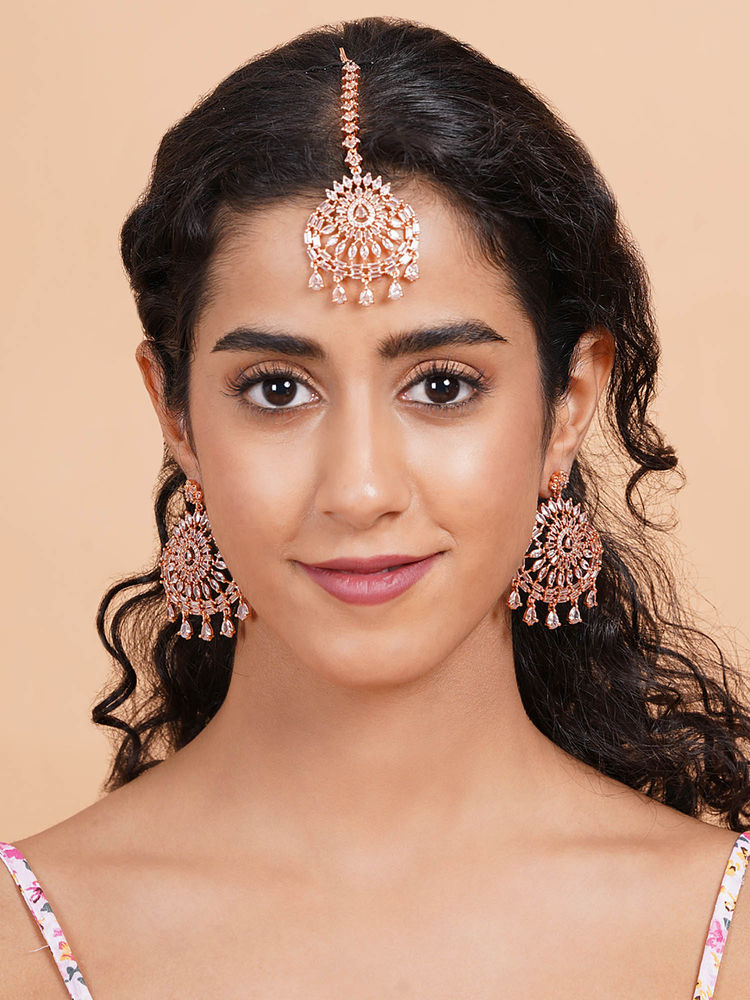 STILEADDA White Cz Stone Rose Gold Plated Maangtika with Pair Of Earrings-picture-34