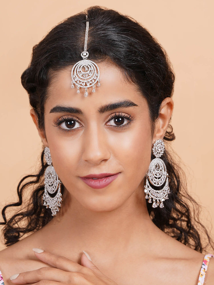 STILEADDA White Cz Stone Silver Plated Maangtika with Pair Of Earrings-picture-31