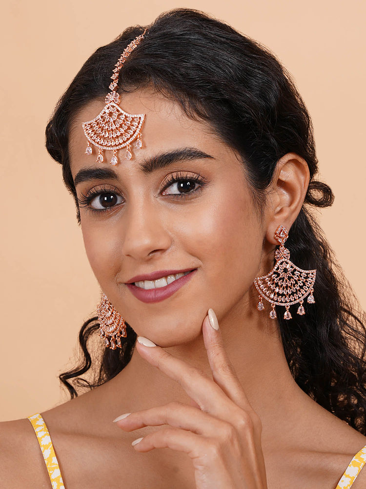 STILEADDA White Cz Stone Rose Gold Plated Maangtika with Pair Of Earrings-picture-6