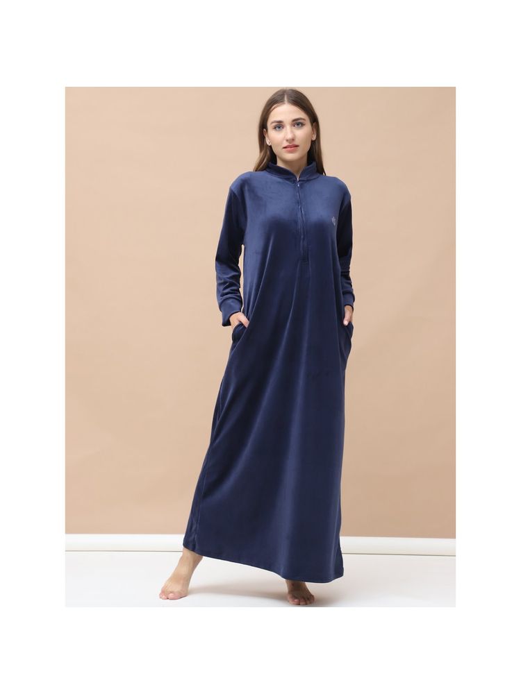 Secret Wish Solid Navy Blue Velvet Nighty-image-41