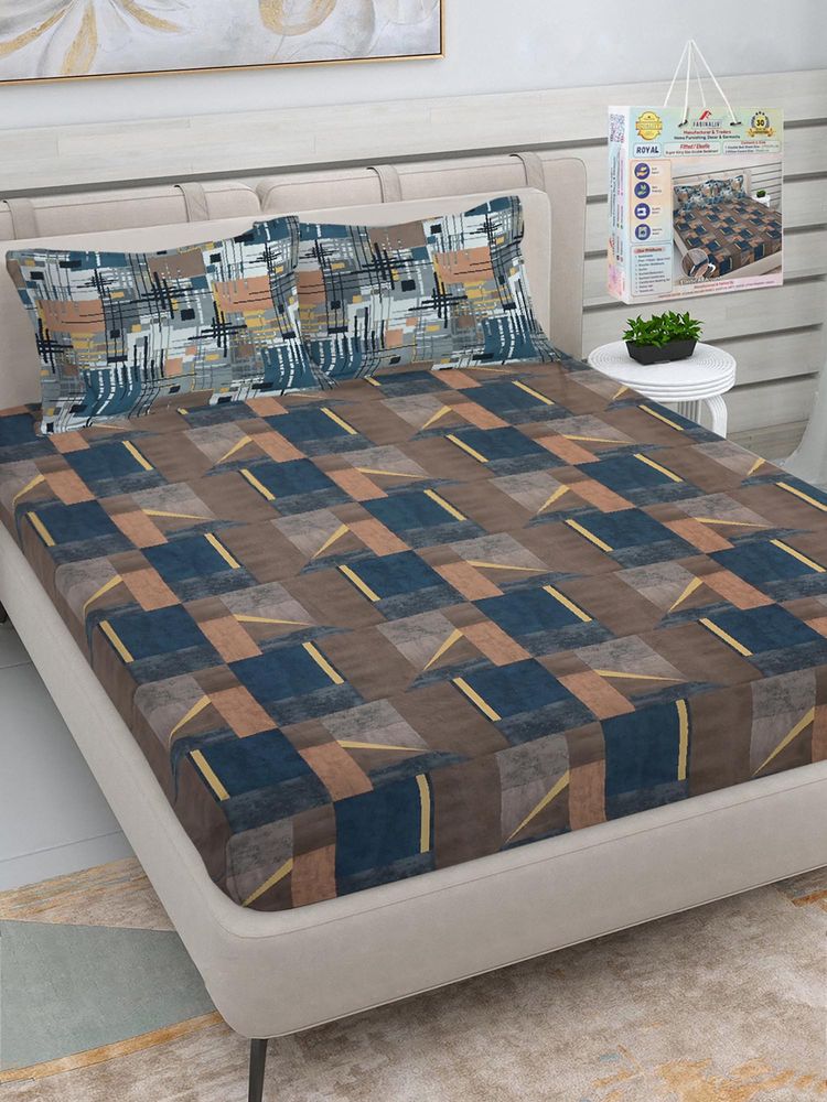 FABINALIV Brown Geometric 300 TC Fitted Packing Bedsheet with 2 Pillow Covers (King)-image-15