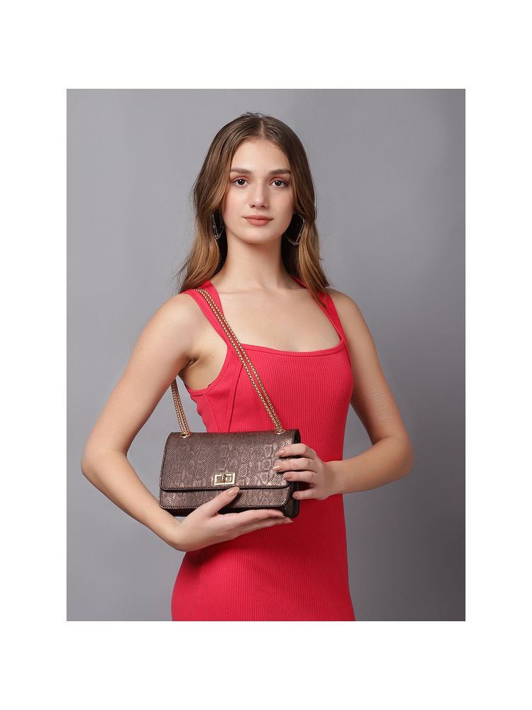 Carlton London Dark Brown Croc-Embossed Chain Medium Shoulder Bag-image-3