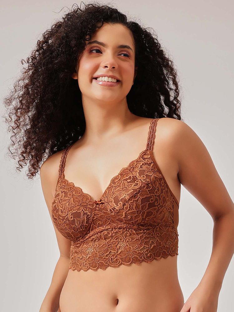 Clovia Padded Non-Wired Full Coverage Longline Bralette Lace In Brown-image-41