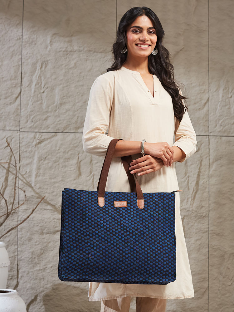 fabindia fashion Fabindia Women Indigo Printed Tote Bag (Free Size)-picture-11