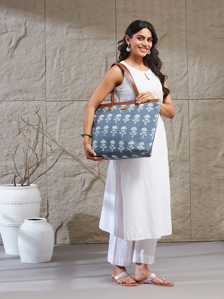 fabindia fashion Fabindia Women Blue Floral Hand Block Printed Tote Bag (Free Size)-picture-19