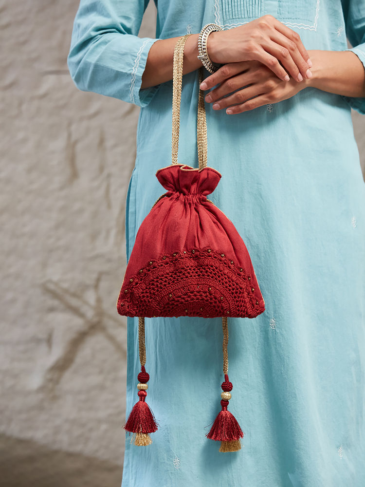fabindia fashion Fabindia Women Maroon Crochet Embellished Potli Bag (Free Size)-picture-26