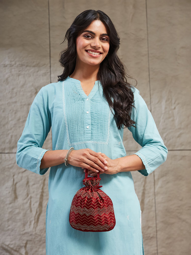 fabindia fashion Fabindia Women Maroon Embroidered Potli Bag (Free Size)-picture-27