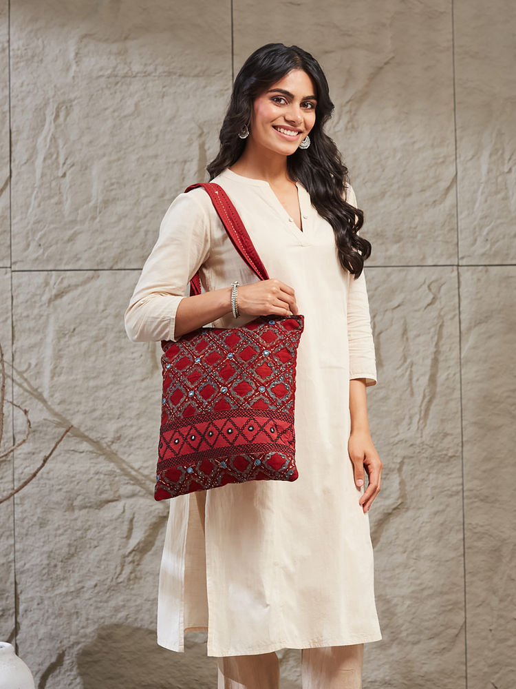 Fabindia Women Red Embroidered Tote Bag (Free Size)-image-18