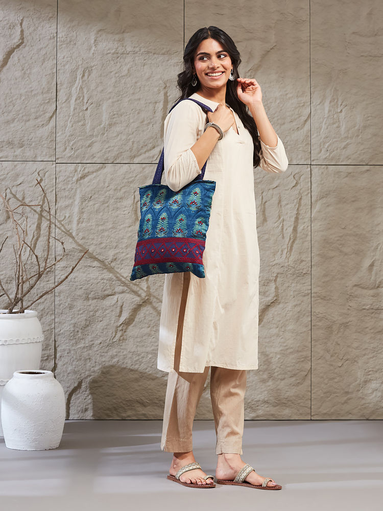 fabindia fashion Fabindia Women Blue Embroidered Tote Bag (Free Size)-picture-15