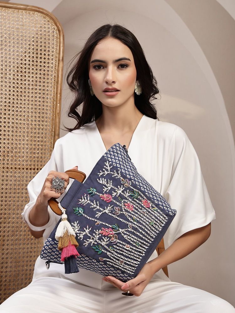 Anekaant Women Navy Blue Cotton Canvas Embellished Handbag with Detachable Strap (One Size)-picture-17