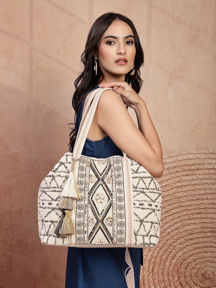 Anekaant Women Ivory Shell Embellished Jacquard Shoulder Bag (One Size)-image-42