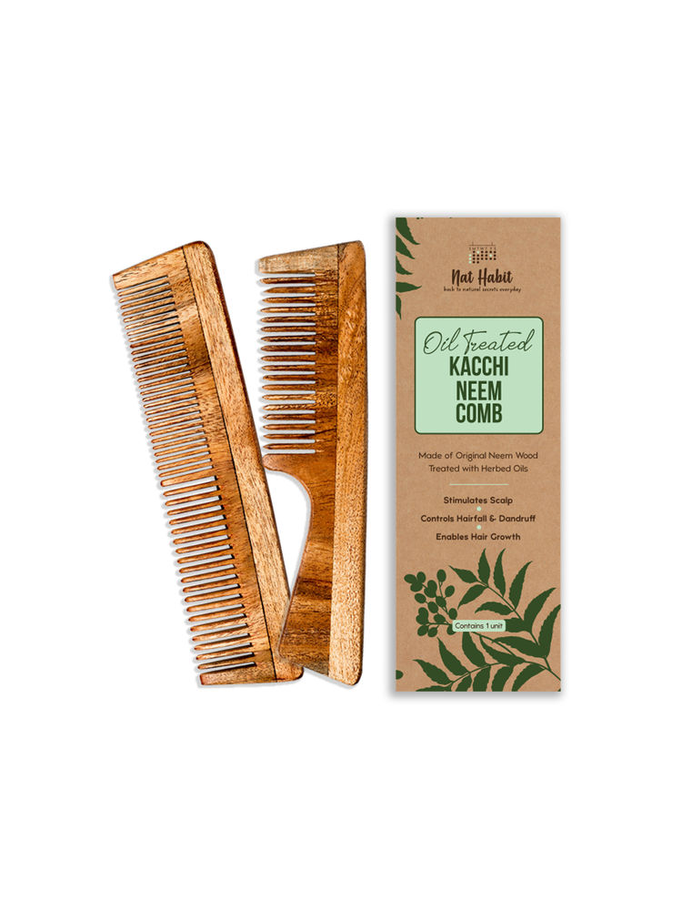 Nat Habit Oil Treated Kacchi Neem Handmade Wooden Comb - Dual + Fine Tooth Anti Dandruff Combo-picture-15