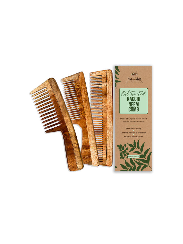 Nat Habit Oil Treated Kacchi Neem Handmade Wooden Comb - Dual + Wide + Fine Tooth Daily Need Combo