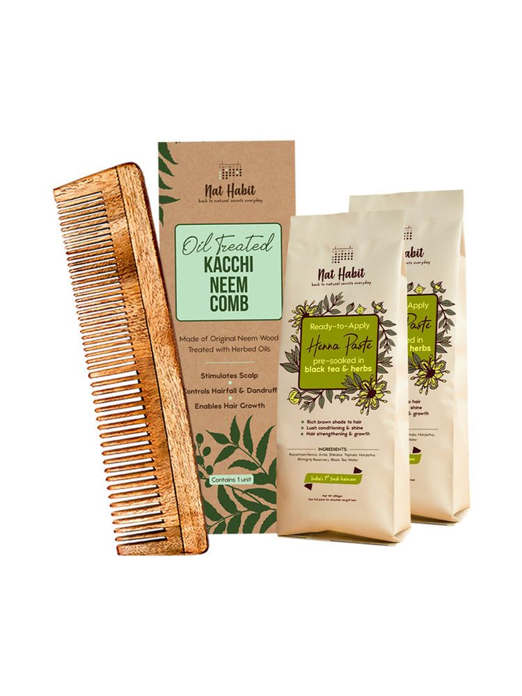 Nat Habit Dual Tooth Kacchi Neem Comb & Ready-To-Apply Henna Paste Pre-Soaked In Black Tea & Herbs-picture-28