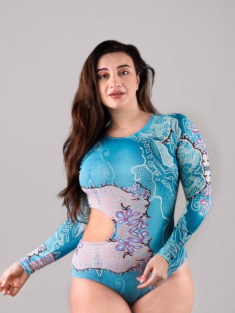 Keepfit Blue Cut Out Detail Full Sleeves Plus Size Swimsuit For Women-picture-38