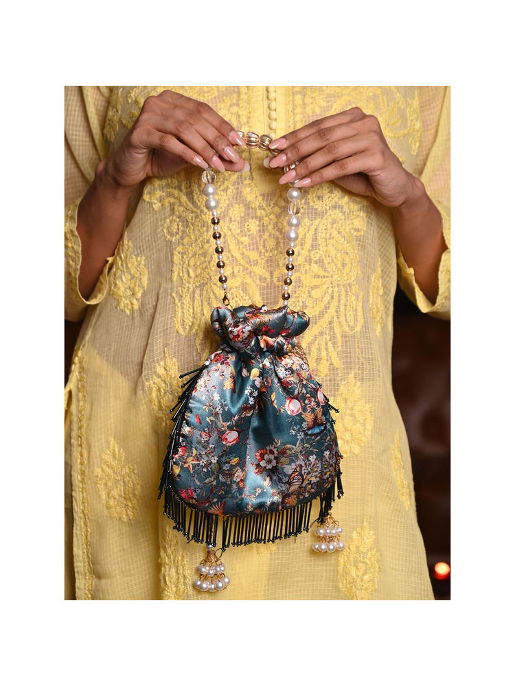 Odette Printed Teal Potli Bag with Metallic Tassels-picture-46