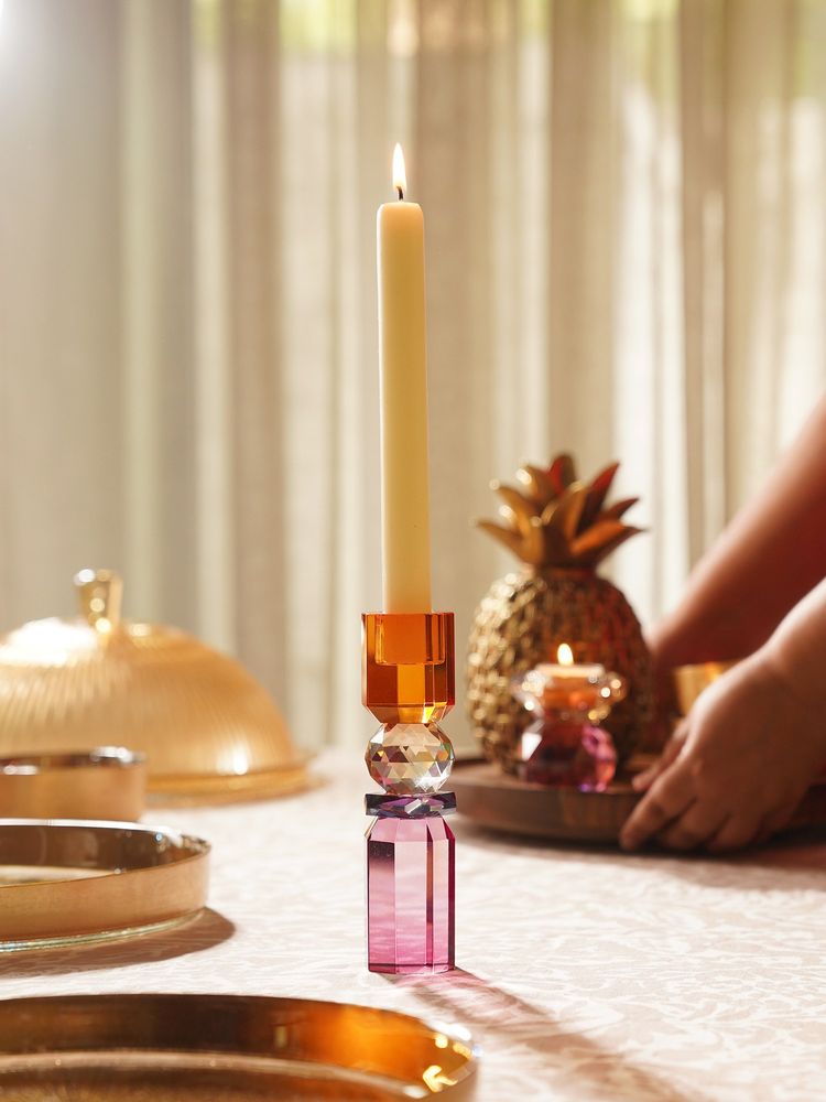 Pure Home + Living Pink Orange Amber Cylindrical Glass Crystal Candle Holder-image-26