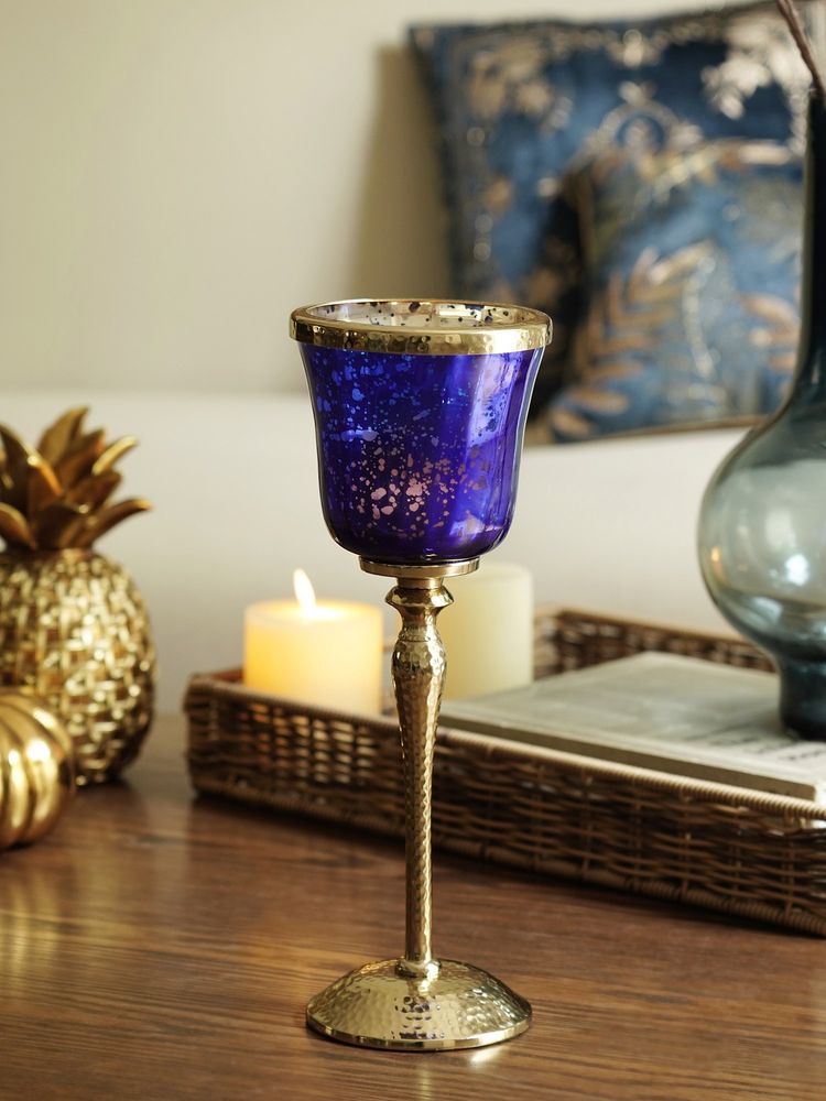 Pure Home + Living Blue Glass Hurricane with Hammered Base-image-44