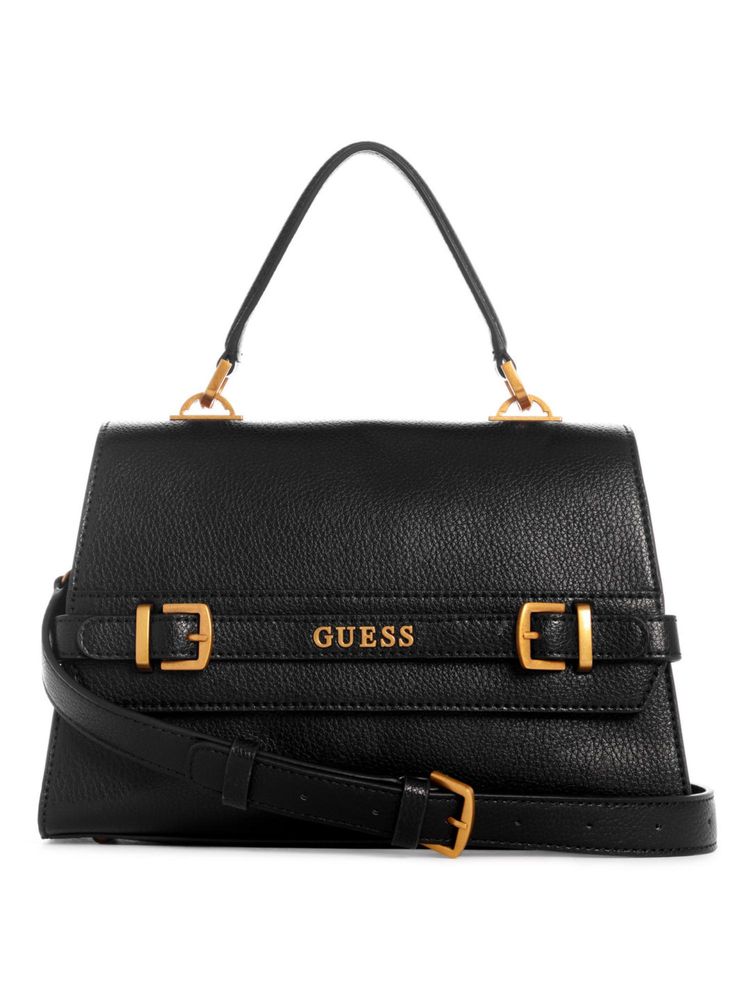 Guess Women Black Solid Sestri Top Handle Flap Satchel Bag With Detachable Strap-image-7