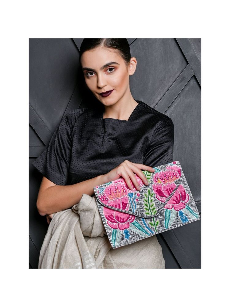 Odette Designer Multicolour Cut Beads Envelope Clutch-image-0