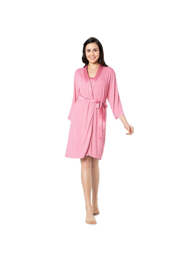 Amante Solid Non Padded Non-wired Three-quarters Sleeve V-neck Knee Length Sleep Robe - Pink-picture-11